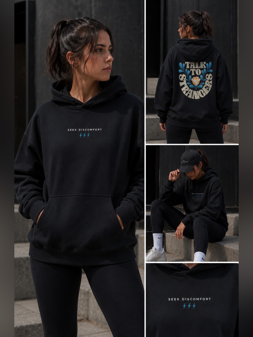 Seek Discomfort Talk to Strangers Hoodie XS Black Graphic Sweatshirt Yes Theory
